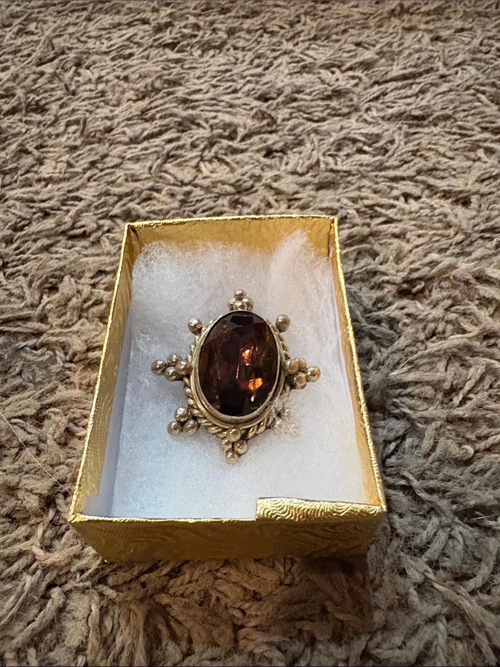 Vintage Silver Tone Faceted Brown Smoky Glass Oval Brooch Pin- Starburst Design